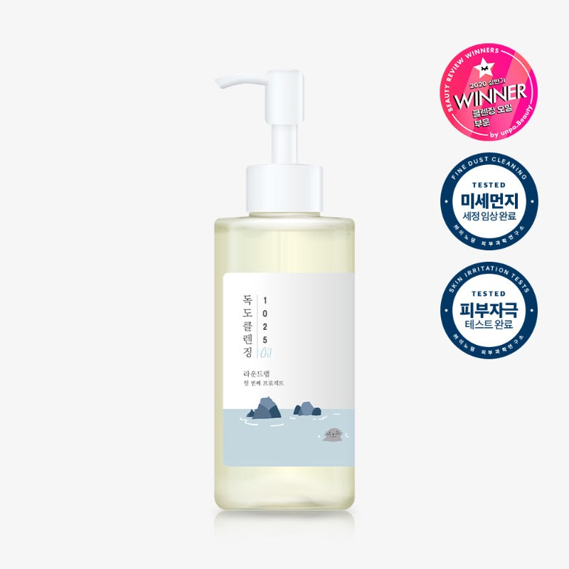 Round Lab 1025 Dokdo Cleansing Oil helps to effectively remove makeup and impurities from the skin.  Ulleungdo Island's Deep Sea Water is mineral rich and helps to maintain moisture balance. Evening Primrose Oil soothes and nourishes skin. Nature-derived oils including Grape Seed Oil and Avocado Oil moisturizes and protects skin